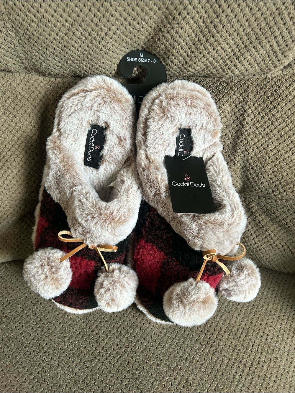 Cuddl Duds Printed Plaid Slippers with Faux Sherpa Fur Lining and Pom Poms